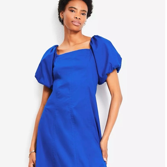 LOFT Royal Blue Midi Dress with Puff Sleeves - Picture 2 of 6